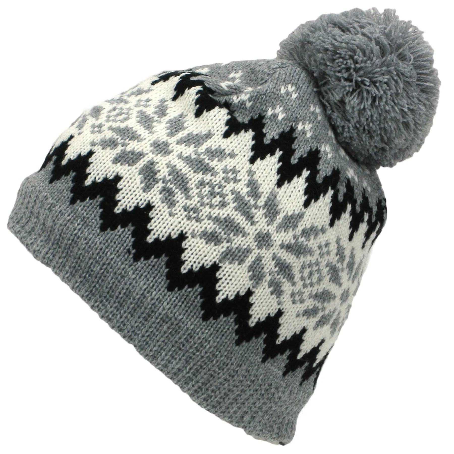 Fine knit fairisle pattern beanie bobble hat with fleece lining - Grey