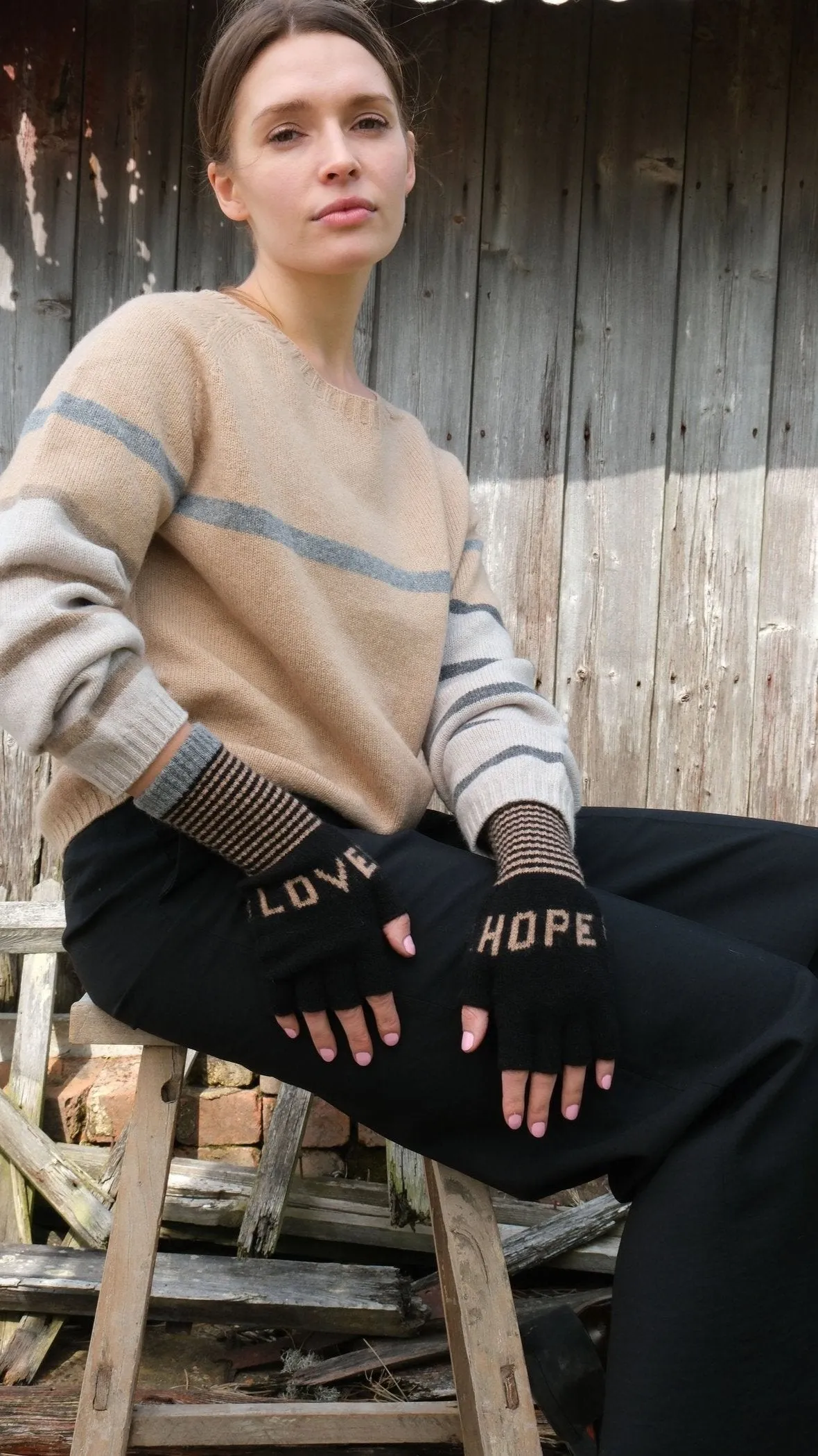 Fingerless Love Hope Gloves in Black and Taupe and Grey by Quinton   Chadwick