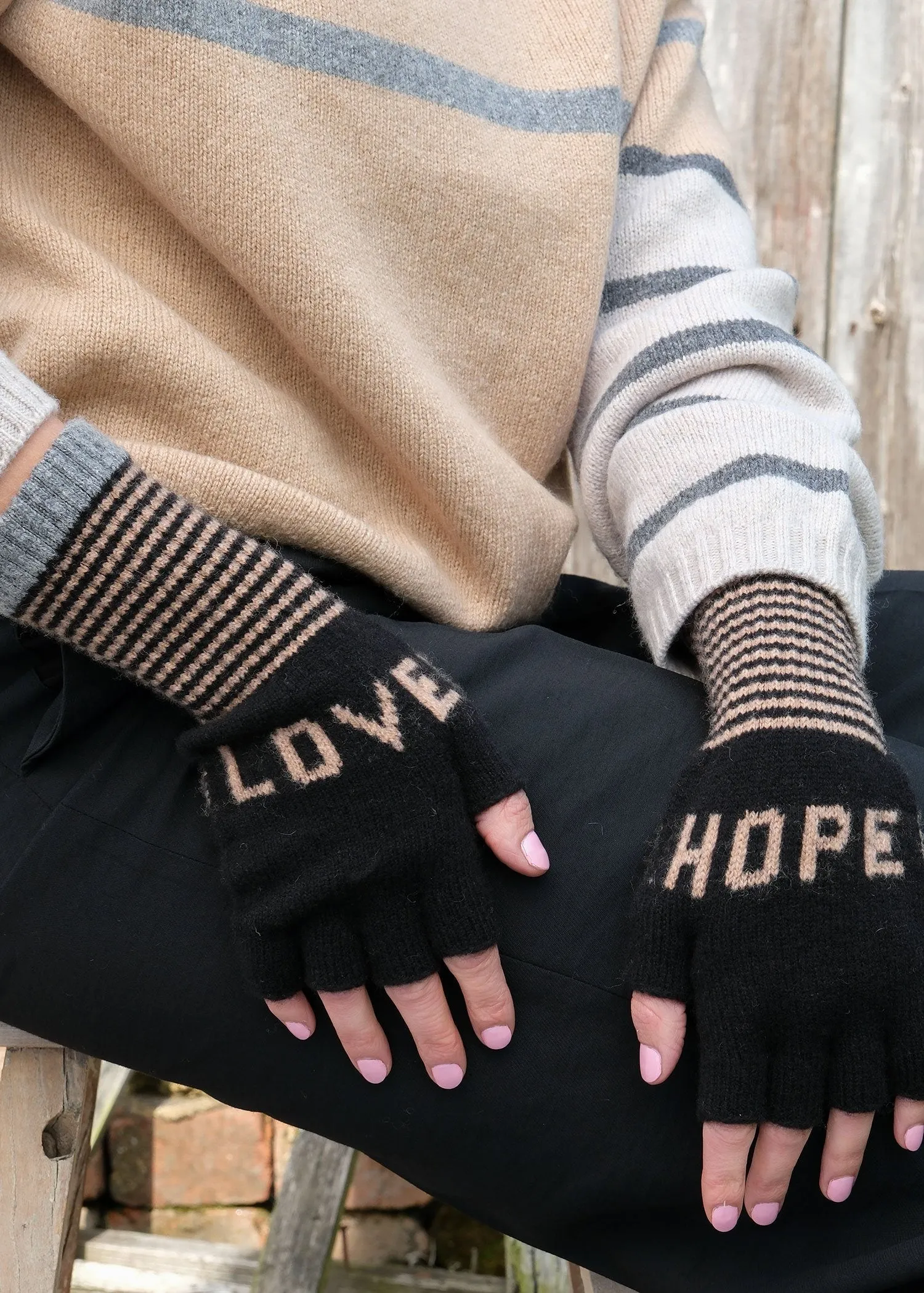 Fingerless Love Hope Gloves in Black and Taupe and Grey by Quinton   Chadwick