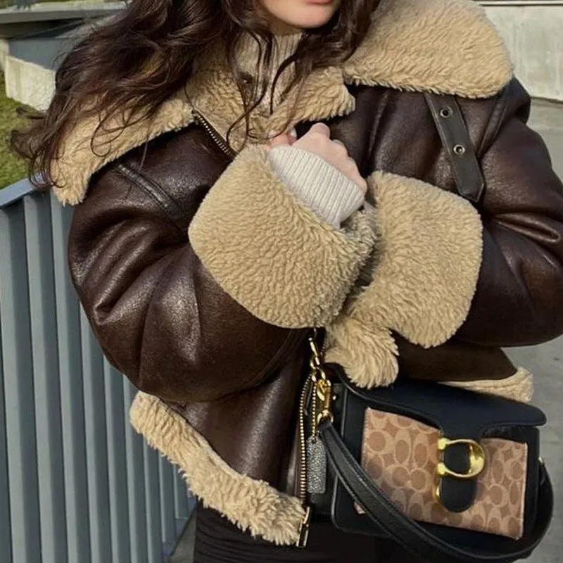 Girlary-shop outfit Winter New European Fashion Maillard Style Fur Motorcycle Jacket Jacket