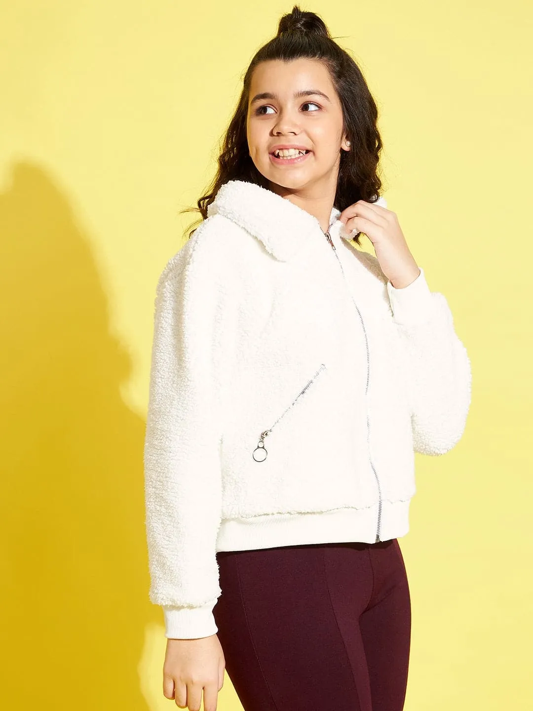 Girls White Fur Front Zip Pocket Jacket - Lyush Kids