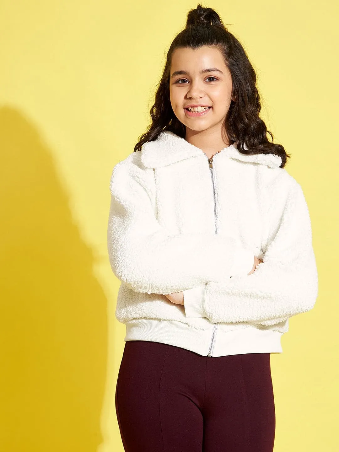 Girls White Fur Front Zip Pocket Jacket - Lyush Kids