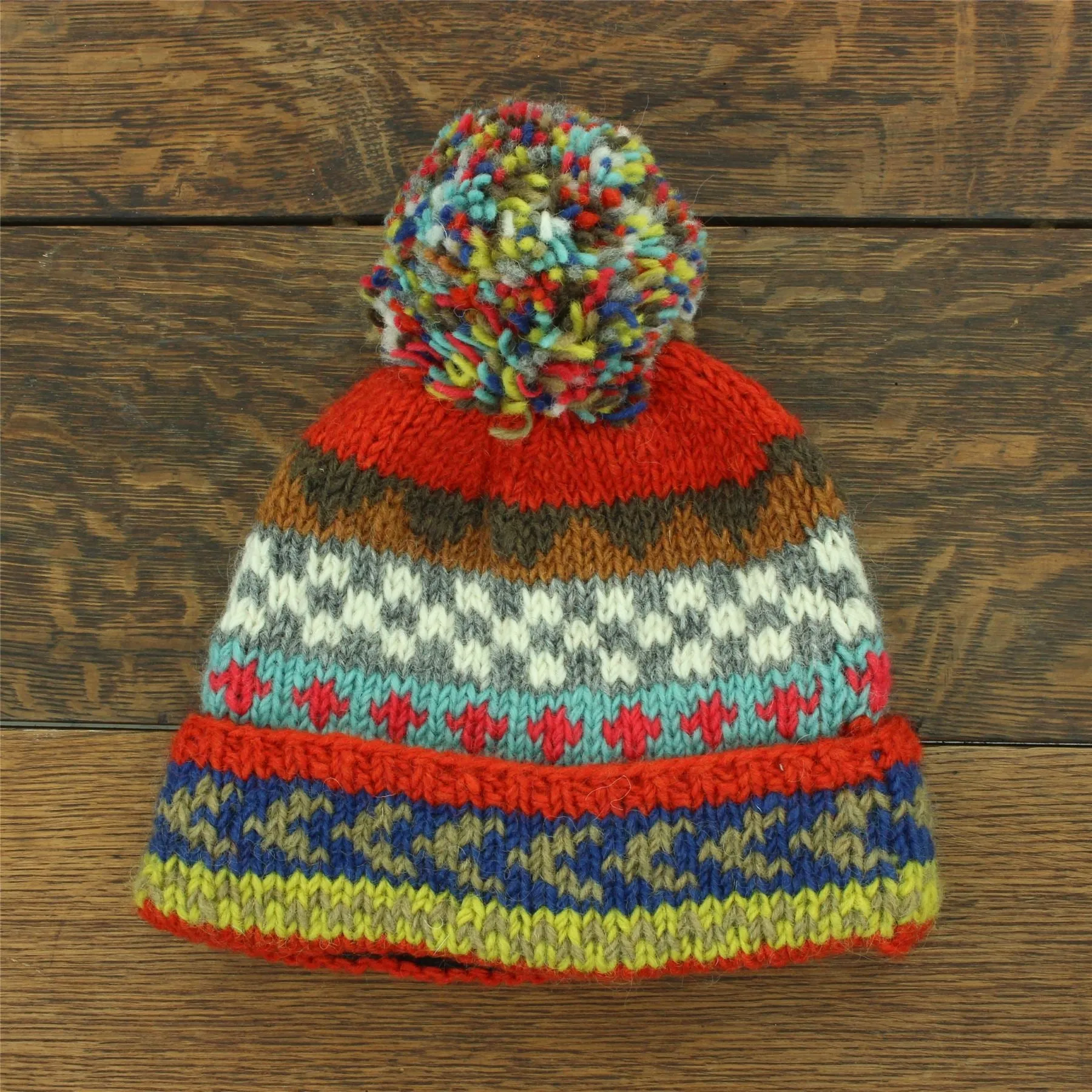 Hand Knitted Wool Beanie Bobble Hat - Chevron Orange