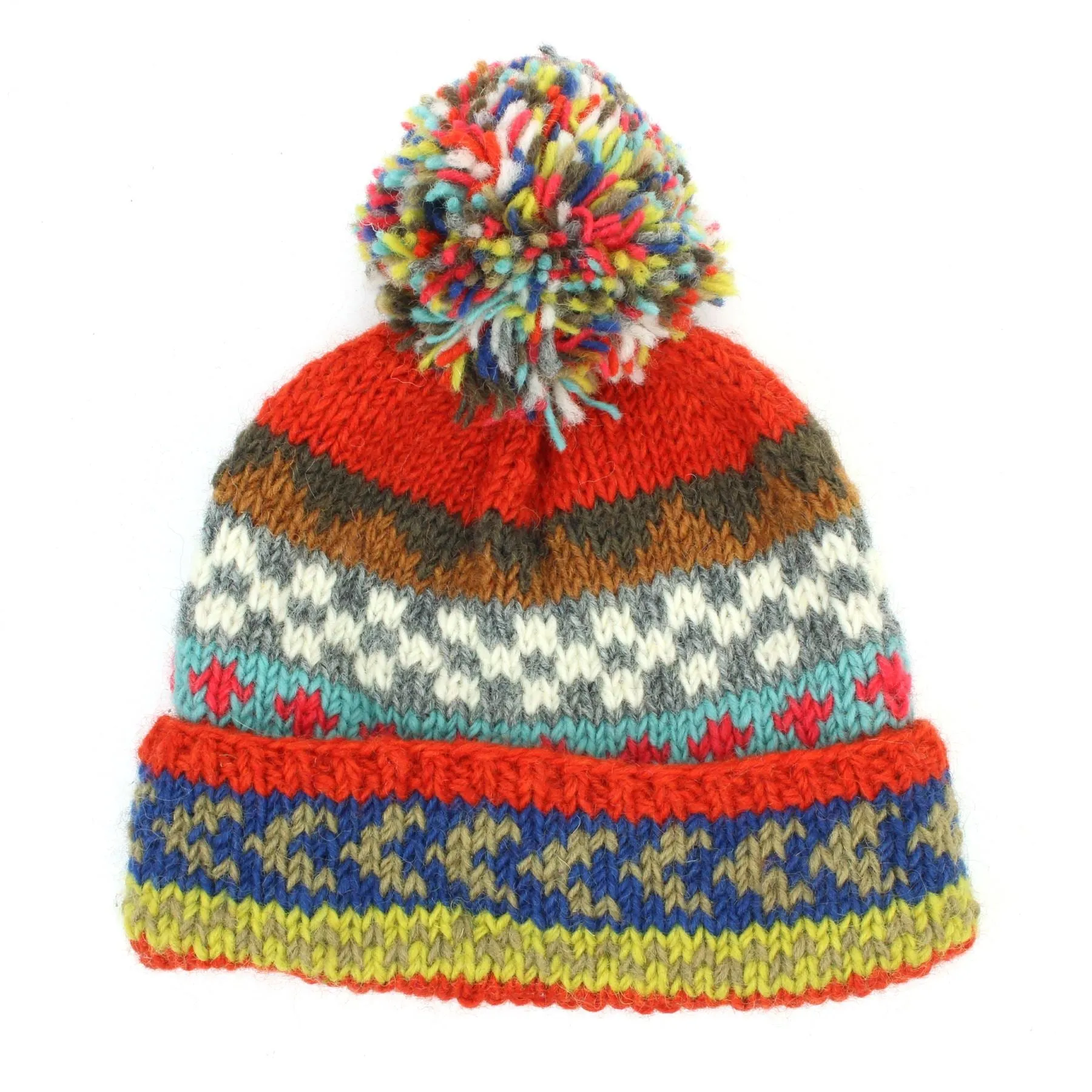 Hand Knitted Wool Beanie Bobble Hat - Chevron Orange