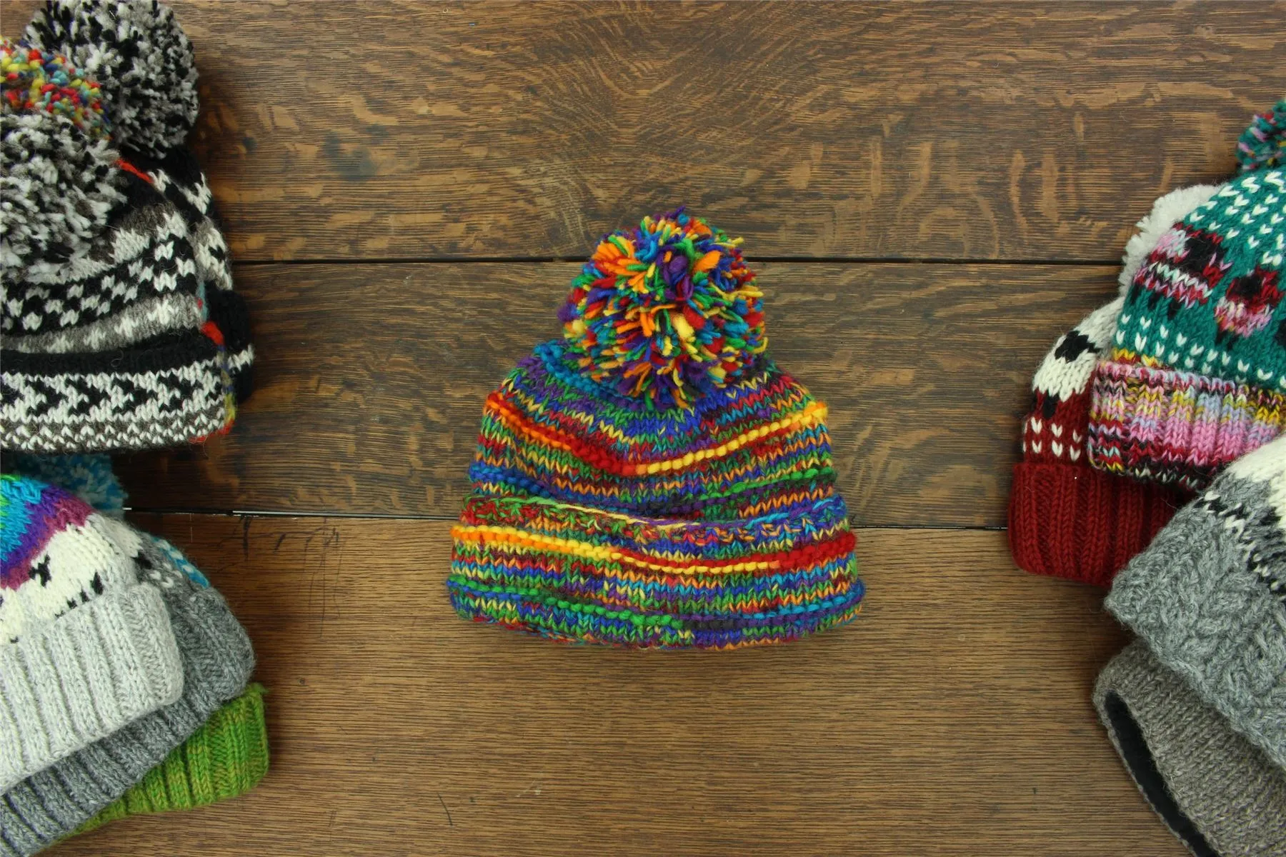 Hand Knitted Wool Beanie Bobble Hat - SD Rainbow Rib