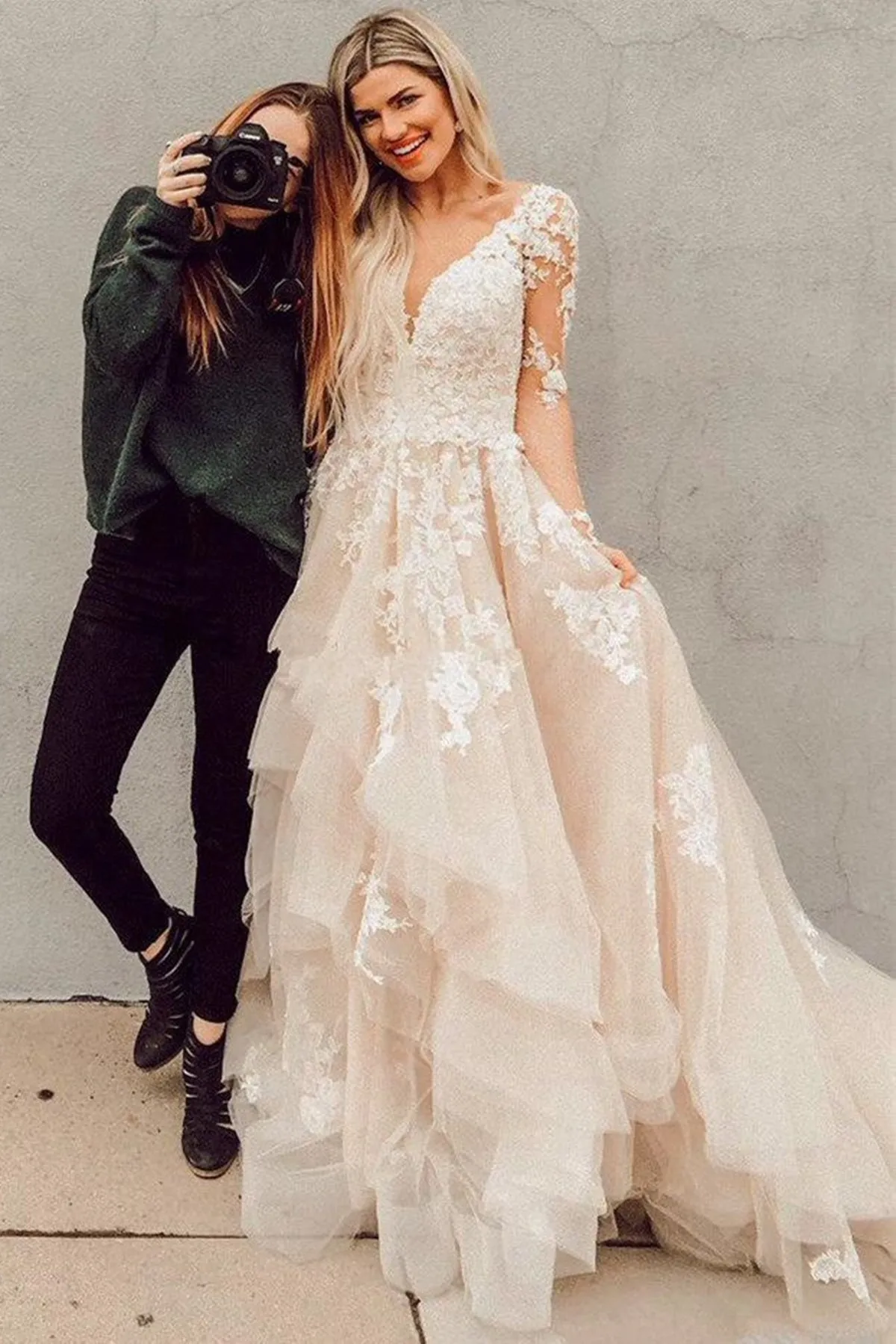 High Low Long Sleeves Champagne Lace Prom Wedding Dress, V Neck Champagne Lace Formal Dress, Champagne Lace Evening Dress A1385