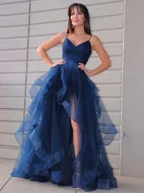 High Low V Neck Puffy Dark Navy Blue Tulle Long Prom Dresses, High Low Dark Navy Blue Formal Graduation Evening Dresses