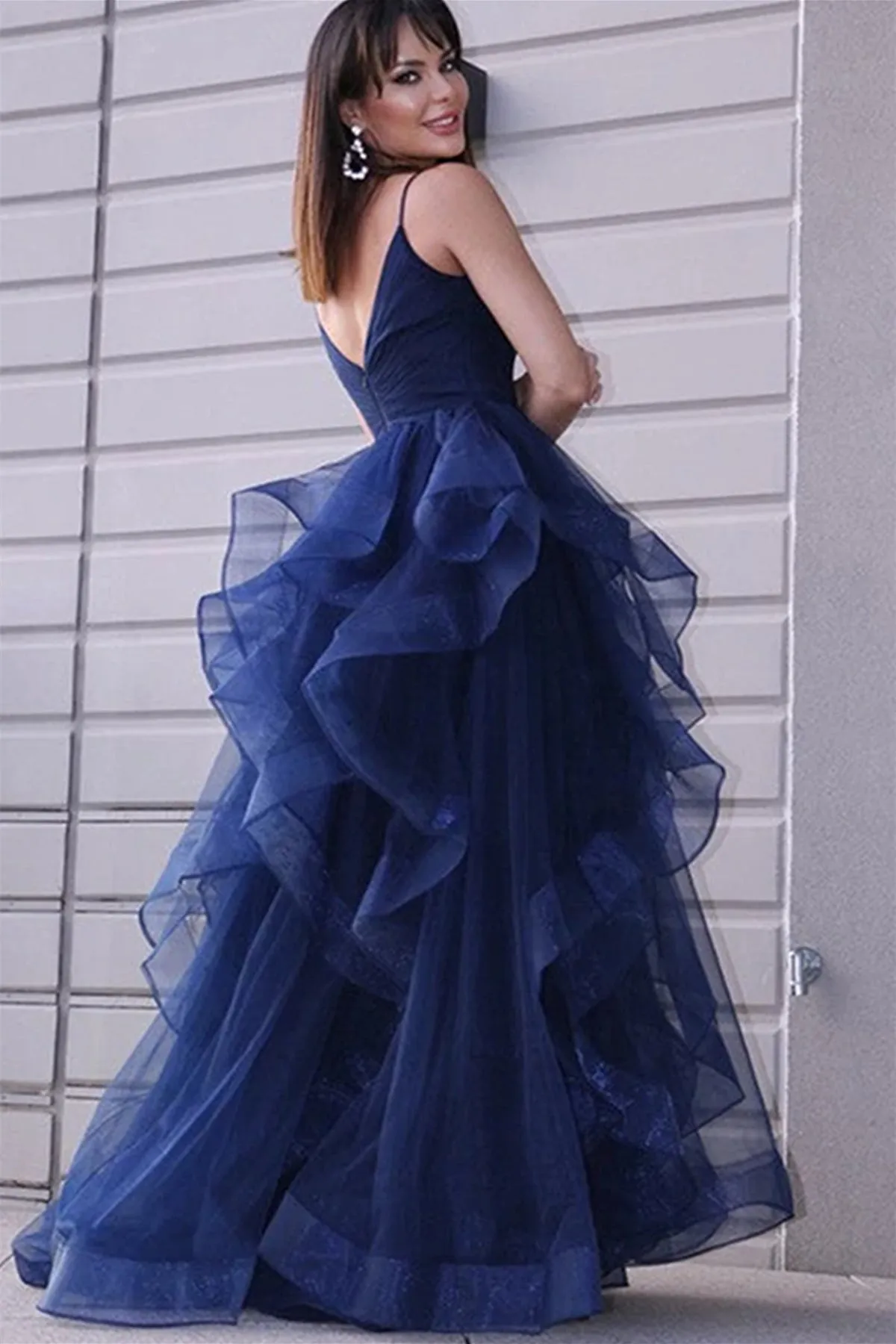 High Low V Neck Puffy Dark Navy Blue Tulle Long Prom Dresses, High Low Dark Navy Blue Formal Graduation Evening Dresses