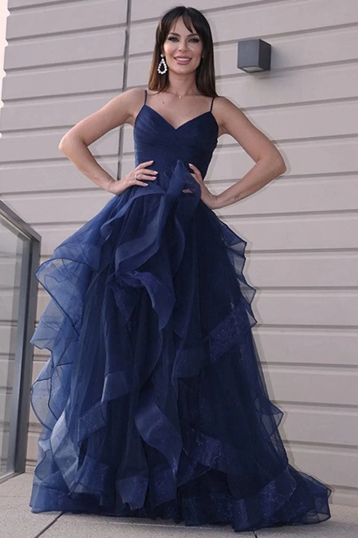 High Low V Neck Puffy Dark Navy Blue Tulle Long Prom Dresses, High Low Dark Navy Blue Formal Graduation Evening Dresses