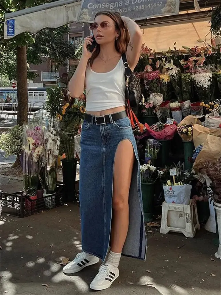 Hnewly Summer Split Out Denim Skirt Jeans Women Casual Long Skirt Low Waisted Jean Streetwear New Midi Pencil Skirt Y2k