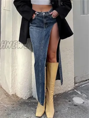 Hnewly Summer Split Out Denim Skirt Jeans Women Casual Long Skirt Low Waisted Jean Streetwear New Midi Pencil Skirt Y2k