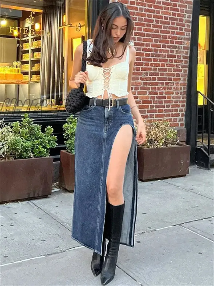 Hnewly Summer Split Out Denim Skirt Jeans Women Casual Long Skirt Low Waisted Jean Streetwear New Midi Pencil Skirt Y2k