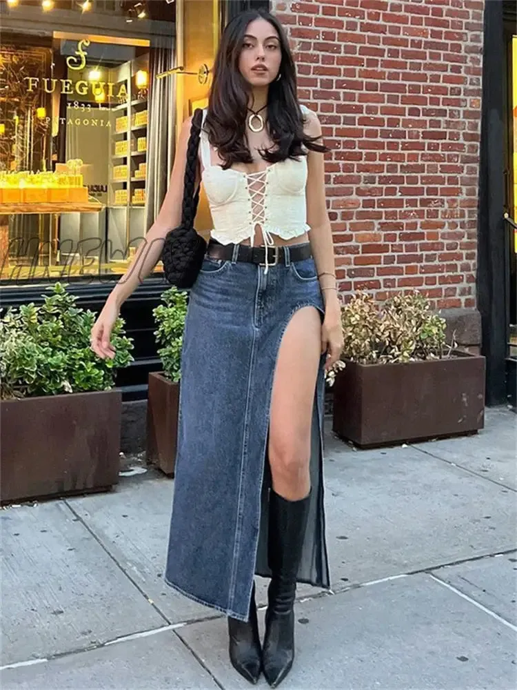 Hnewly Summer Split Out Denim Skirt Jeans Women Casual Long Skirt Low Waisted Jean Streetwear New Midi Pencil Skirt Y2k