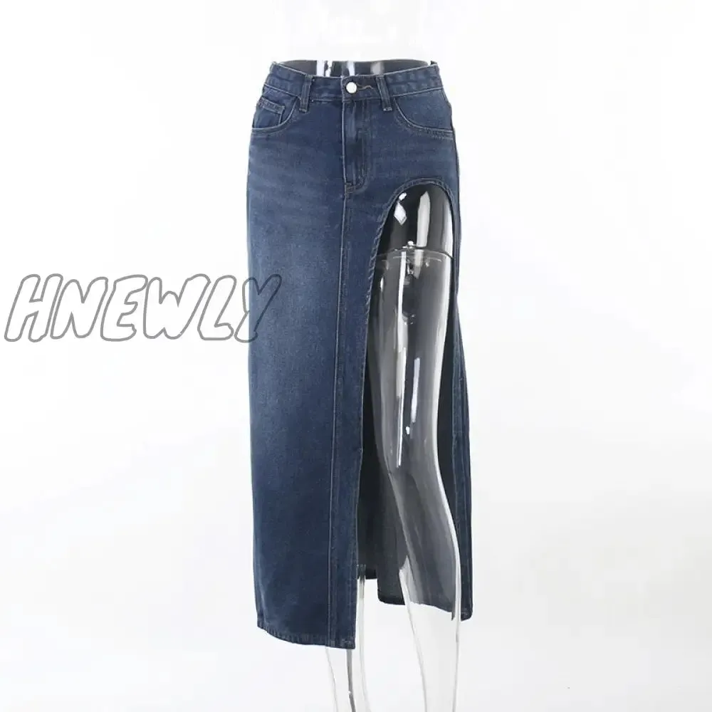 Hnewly Summer Split Out Denim Skirt Jeans Women Casual Long Skirt Low Waisted Jean Streetwear New Midi Pencil Skirt Y2k