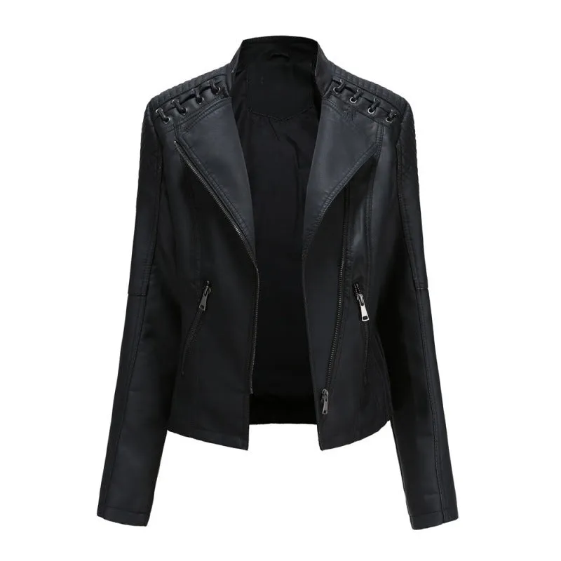 Hnzxzm tailgate outfit black women European Size Spring and Autumn Women's Leather Jacket Women's Short Jacket Slim Thin Leather Jacket Women's Motorcycle Clothing