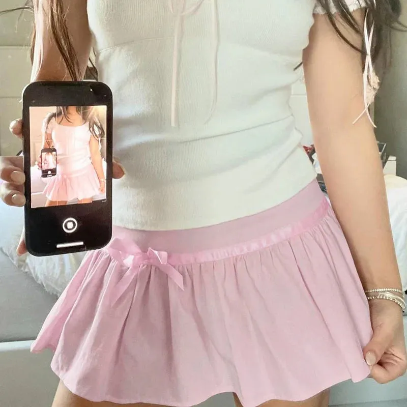 Hotsweet Pink Spliced Summer Mini Skirt Bow Korean Fashion Cute Folds A-Line Women Skirts Coquette Clothes Girls New