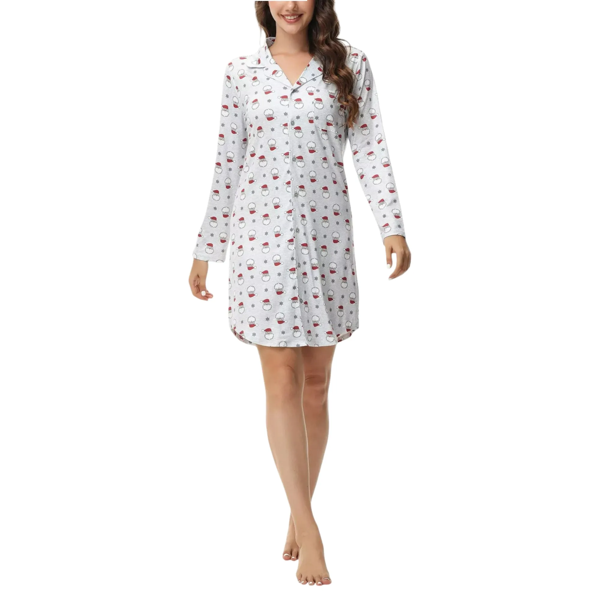 INK   IVY Women's Long Sleeve Christmas Print Notch Collar Sleepshirt Nightgown