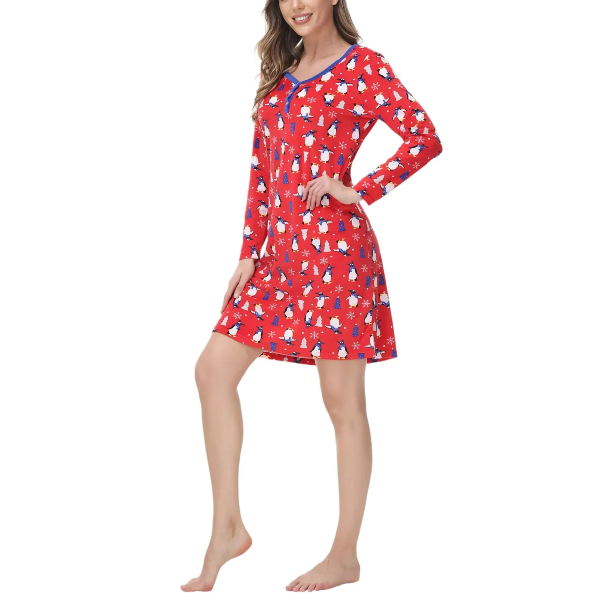 INK   IVY Women's Long Sleeve Christmas Print Notch Collar Sleepshirt Nightgown