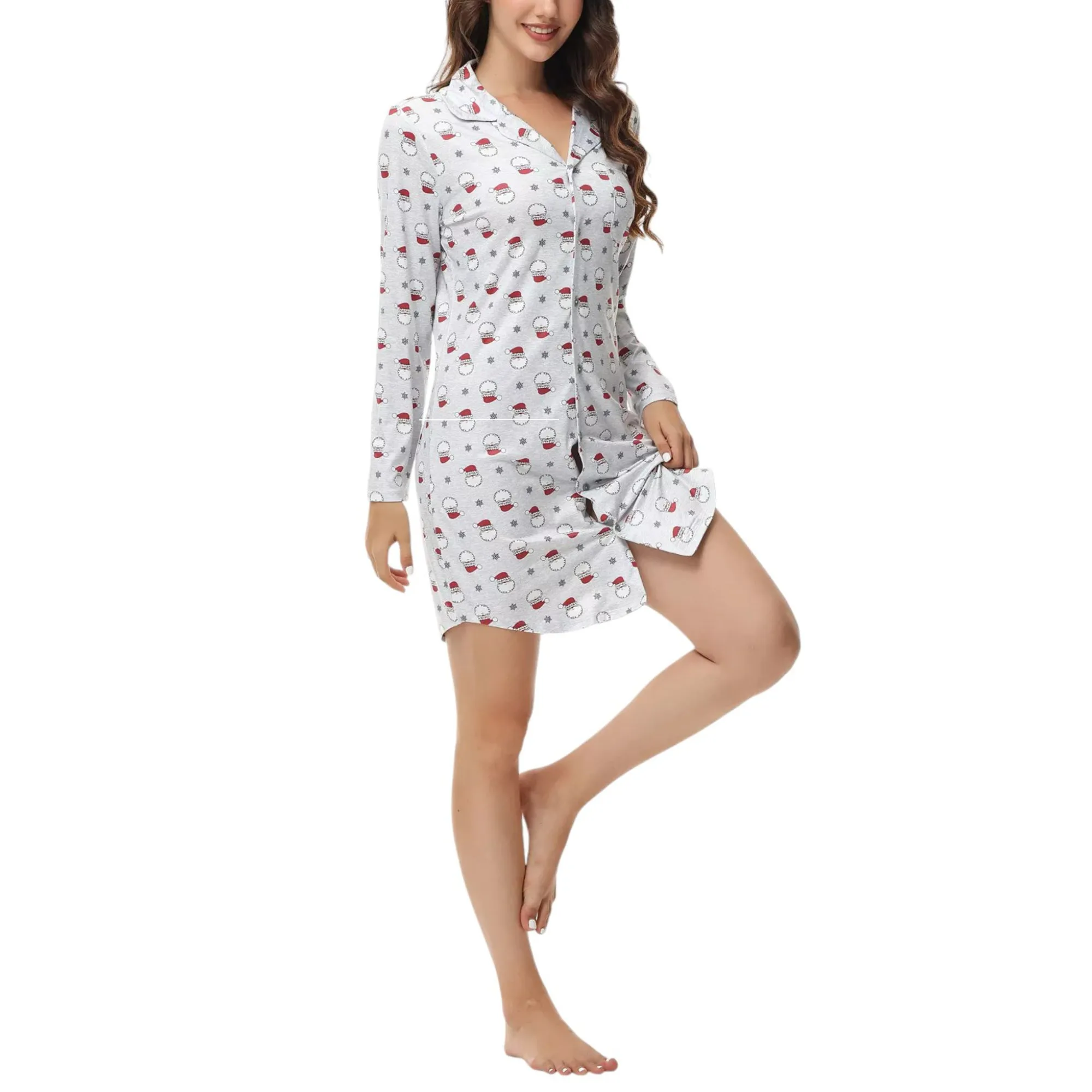 INK   IVY Women's Long Sleeve Christmas Print Notch Collar Sleepshirt Nightgown