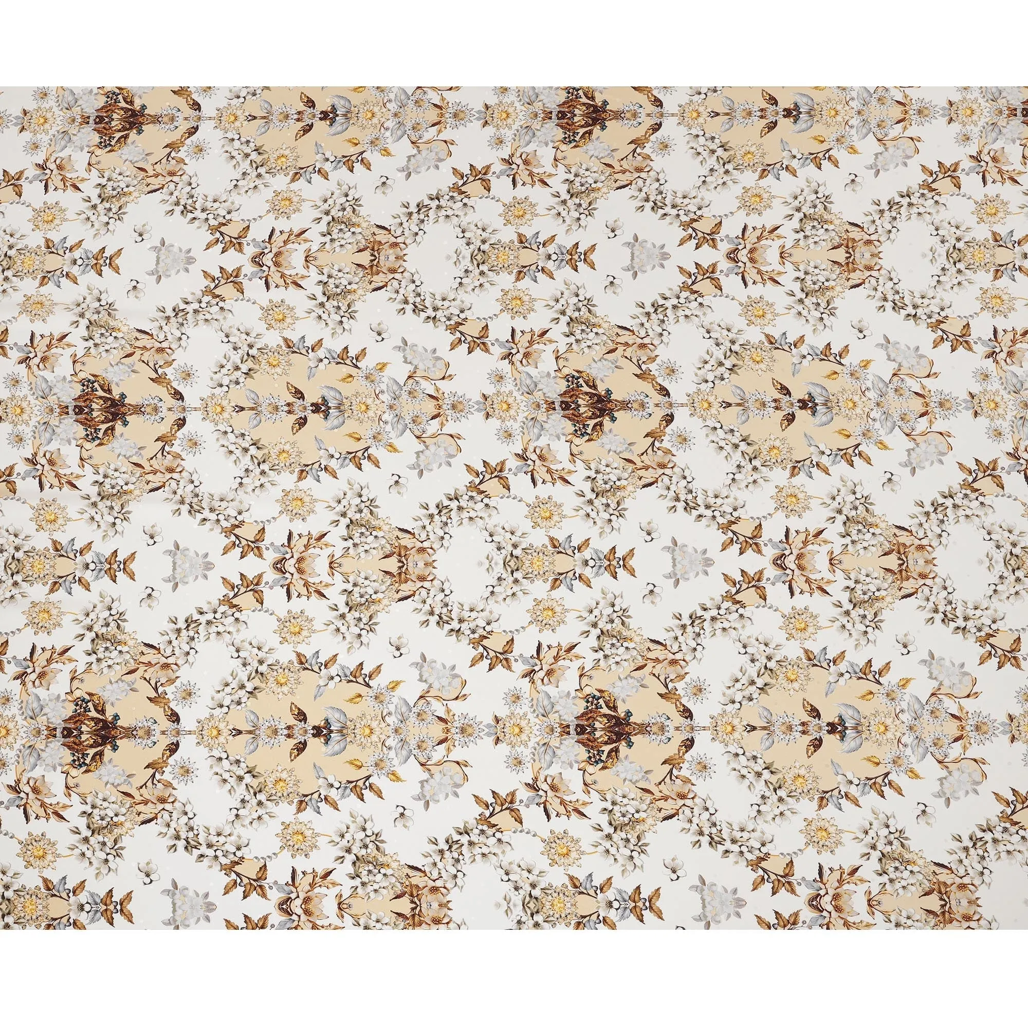 Italian Silk Satin Fabric with Intricate Floral Design on Ivory and Cream Background – 150 cm Width-D20332