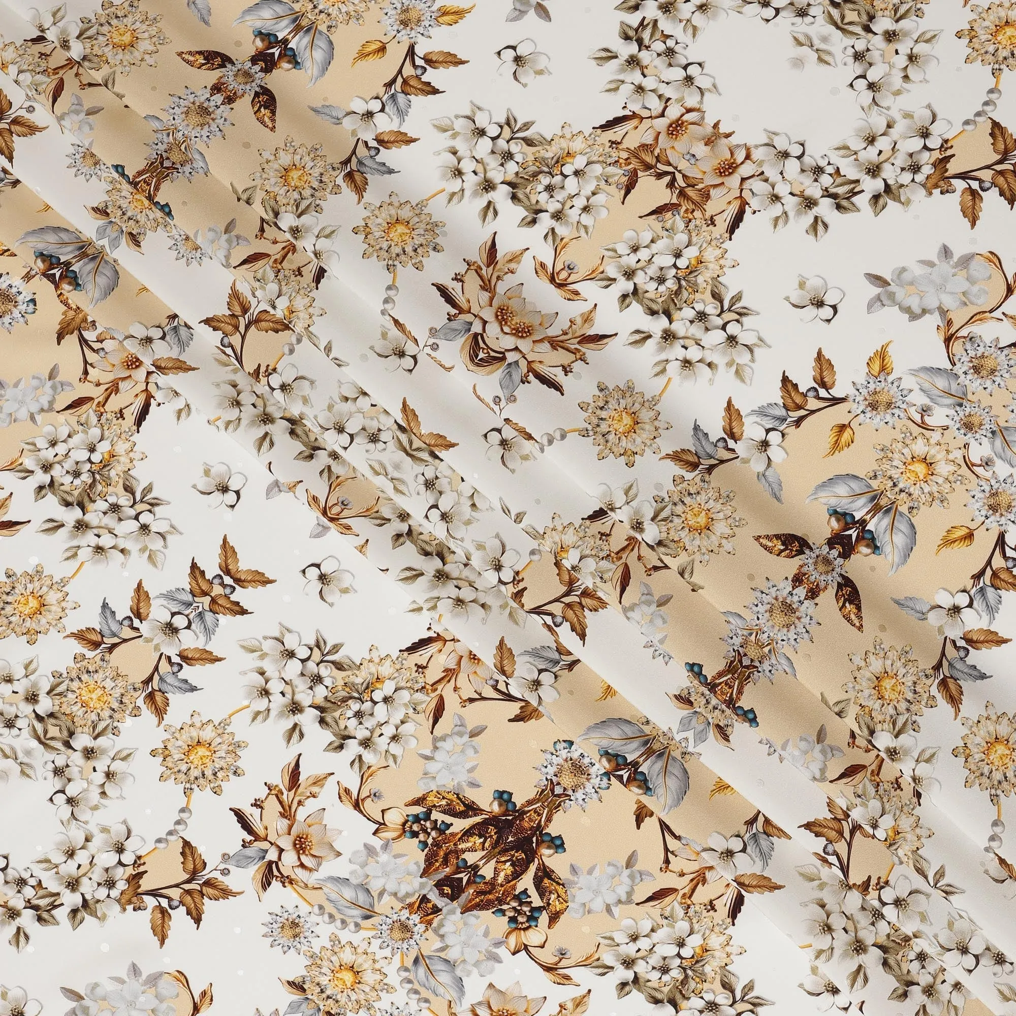 Italian Silk Satin Fabric with Intricate Floral Design on Ivory and Cream Background – 150 cm Width-D20332