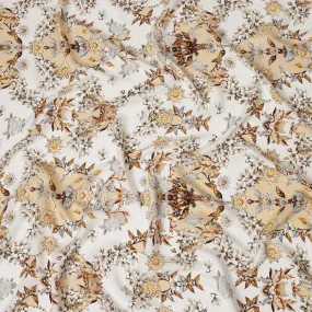 Italian Silk Satin Fabric with Intricate Floral Design on Ivory and Cream Background – 150 cm Width-D20332