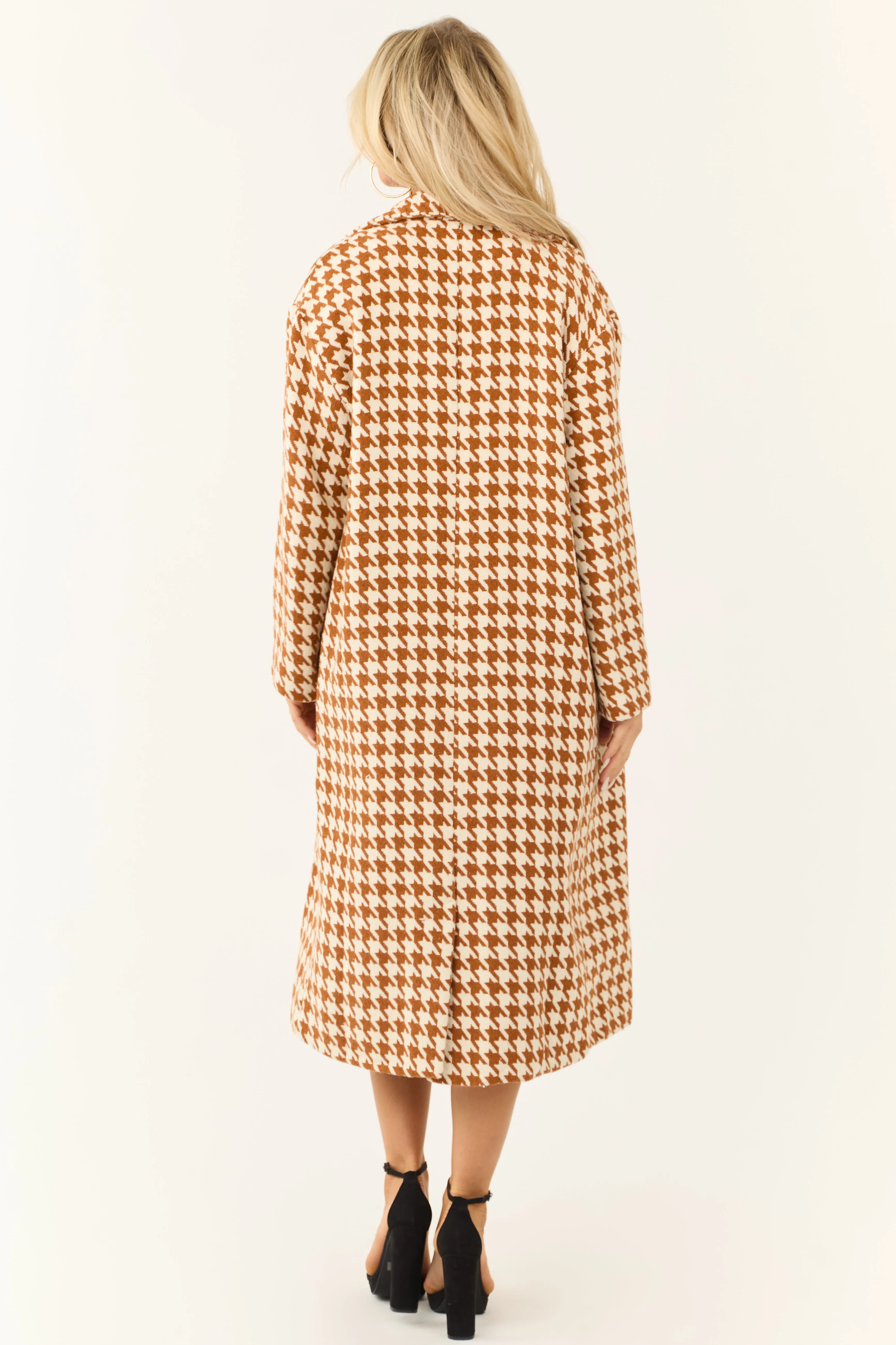 Ivory and Caramel Houndstooth Pattern Trench Coat