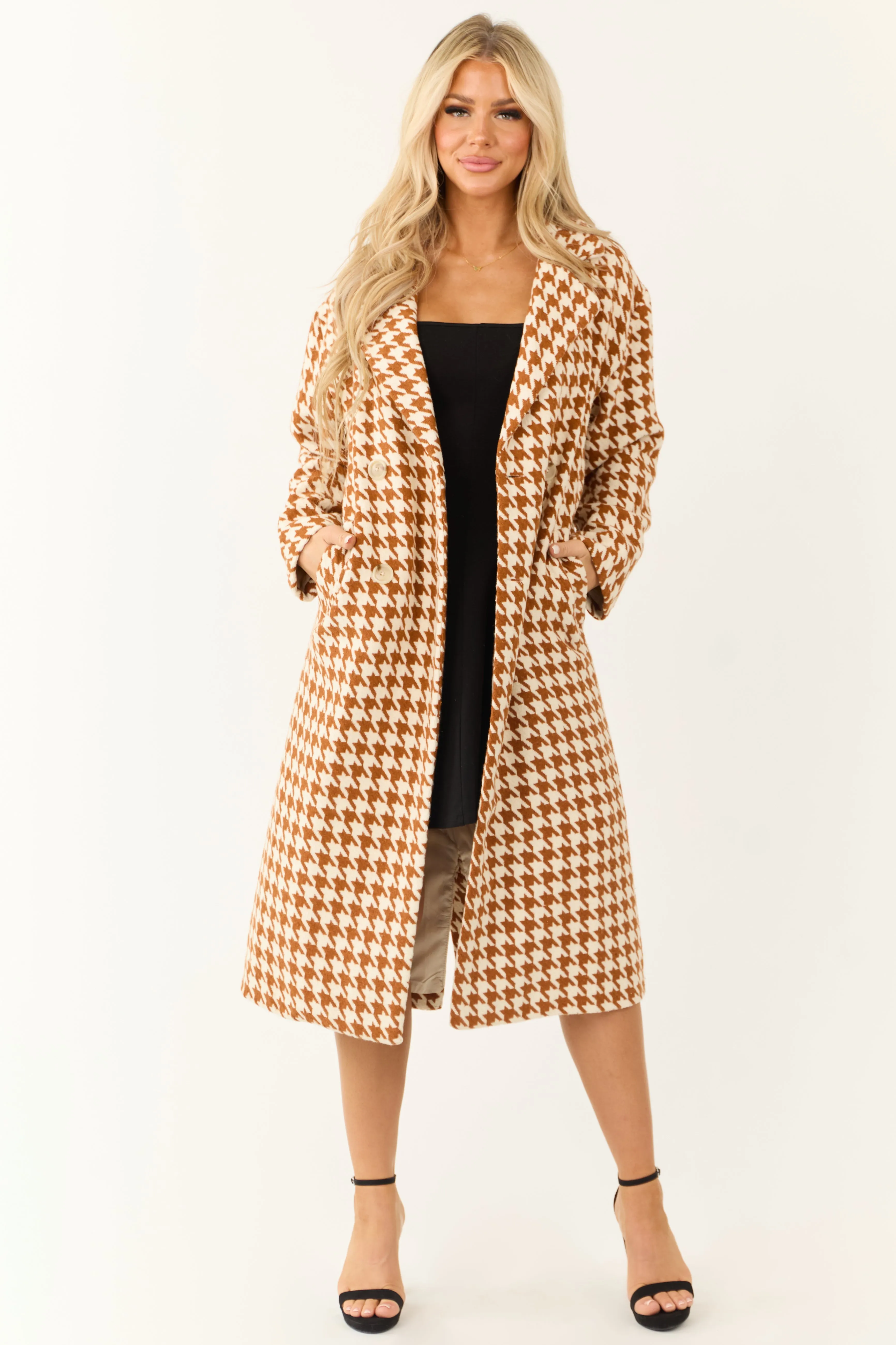 Ivory and Caramel Houndstooth Pattern Trench Coat