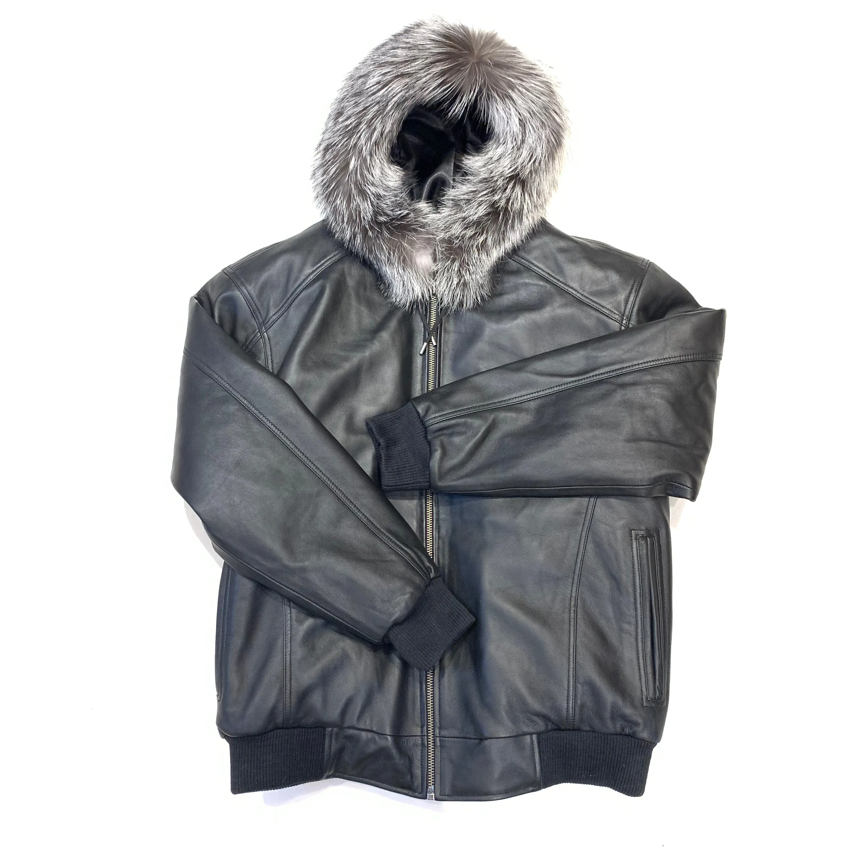 Kashani Black Lambskin Hooded Bomber Jacket