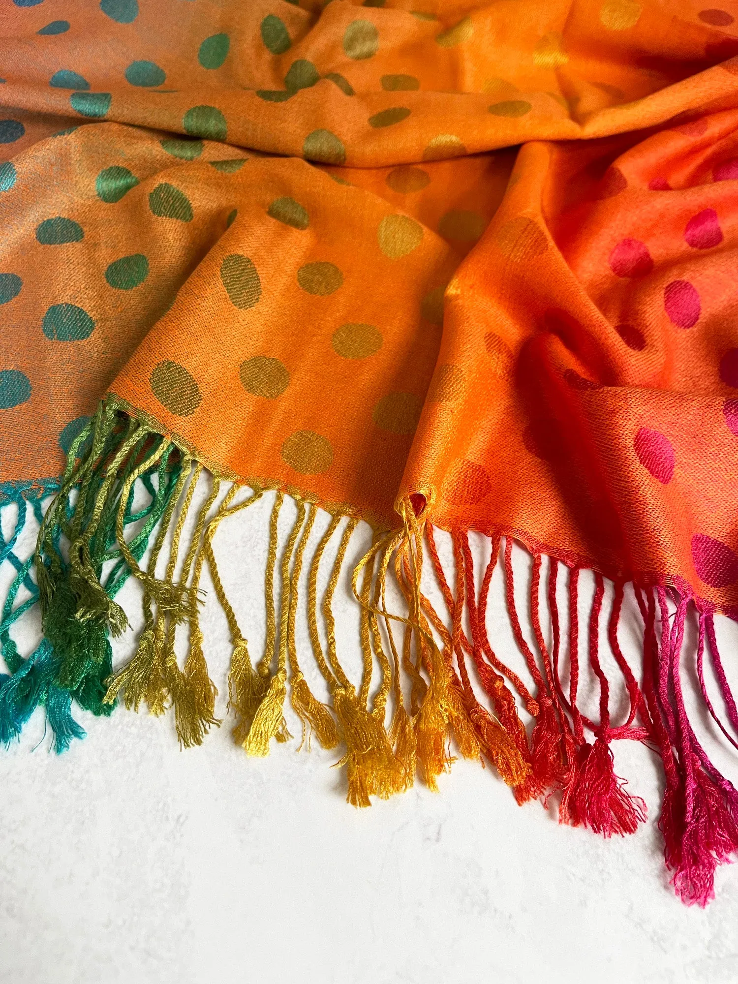 LARGE ORANGE MULTI-COLOUR DOT PRINT PASHMINA SHAWL SCARF