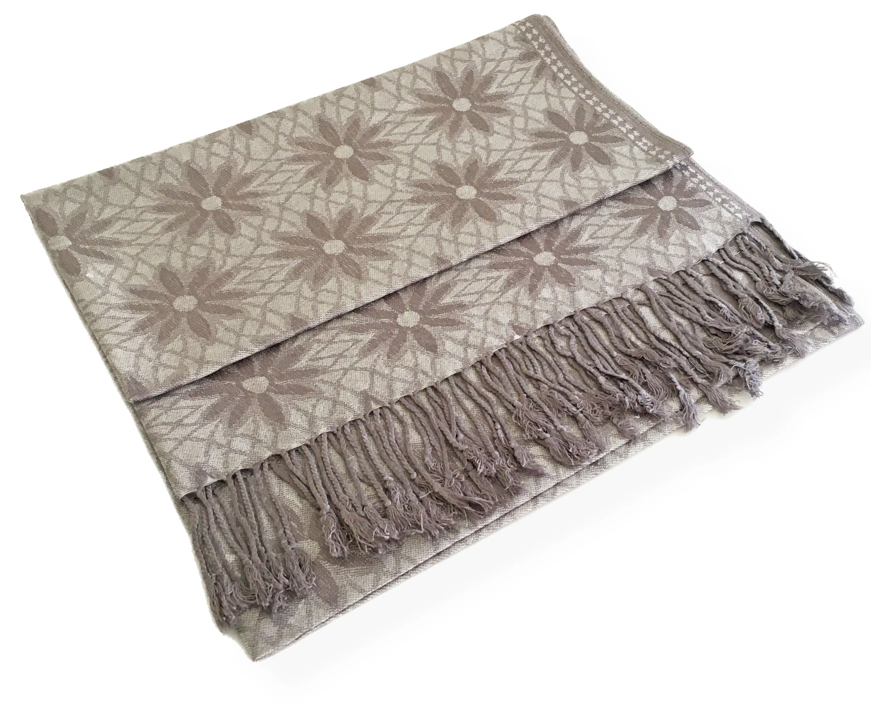 LARGE SILVER FLORAL DAISY PRINT GEOMETRIC REVERSIBLE PASHMINA SHAWL SCARF