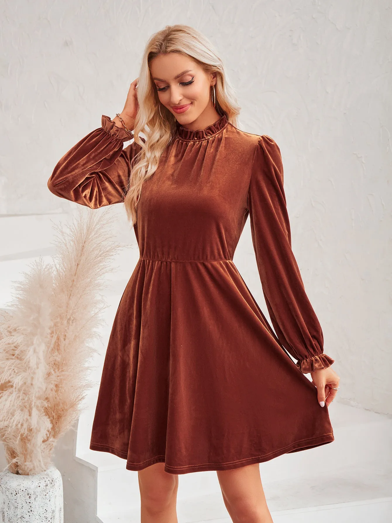 Long Sleeve Casual High Neck Velvet Solid Color Cinched Waist Dress