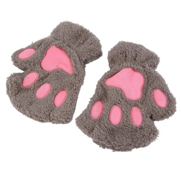 Lovely Women Bear Cat Claw Paw Mitten Plush Gloves Winter Half Finger Fingerless Gloves Mittens Ladies Half Cover Female Gloves