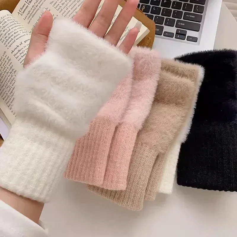 Luxury White Plush Knitted Fingerless Winter Writing Christmas Glove