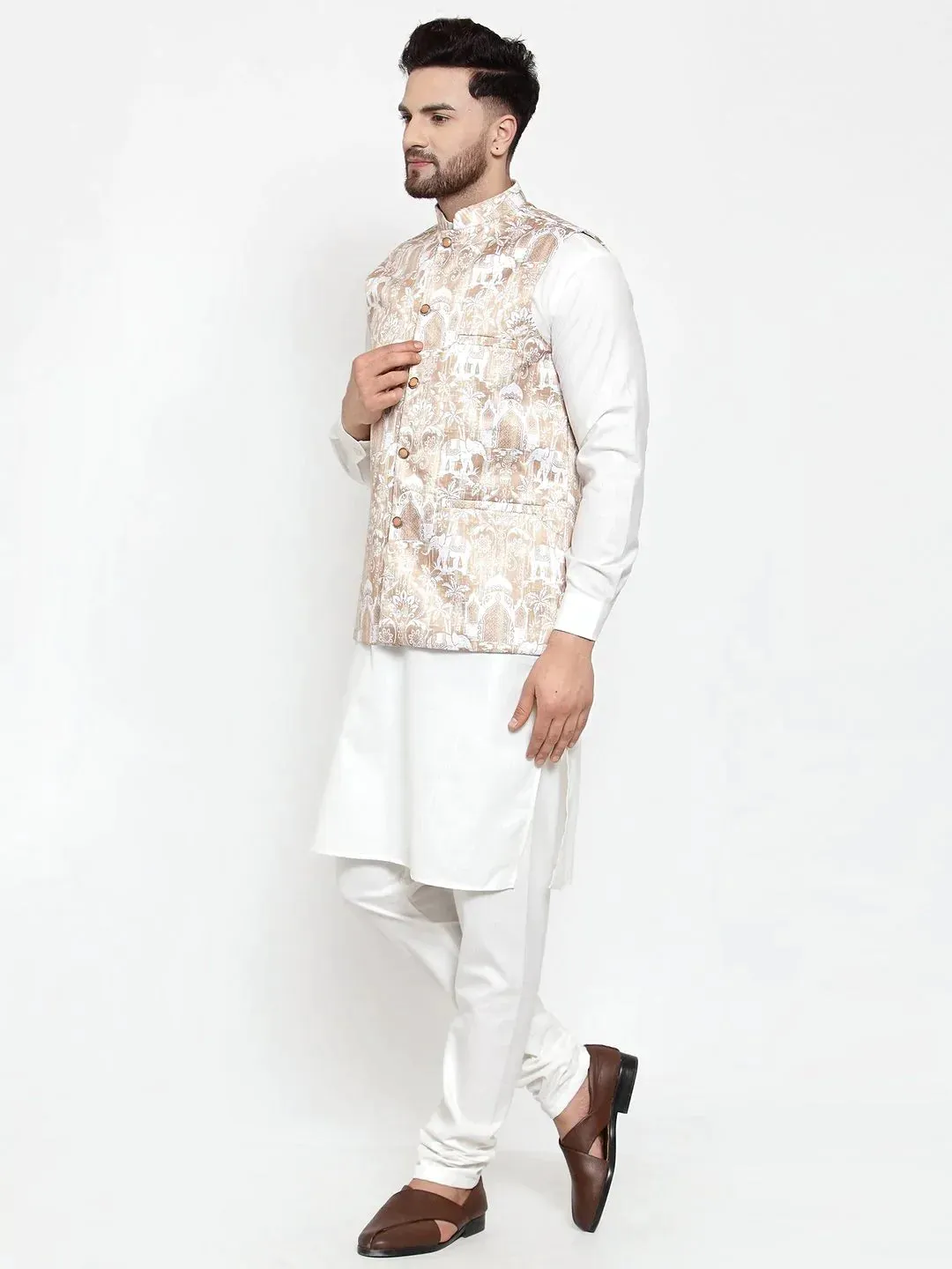 Men Beige Printed Satin Nehru Jacket