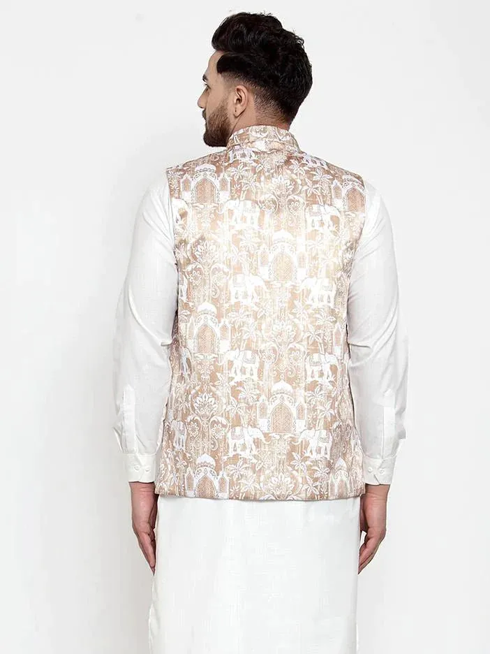 Men Beige Printed Satin Nehru Jacket