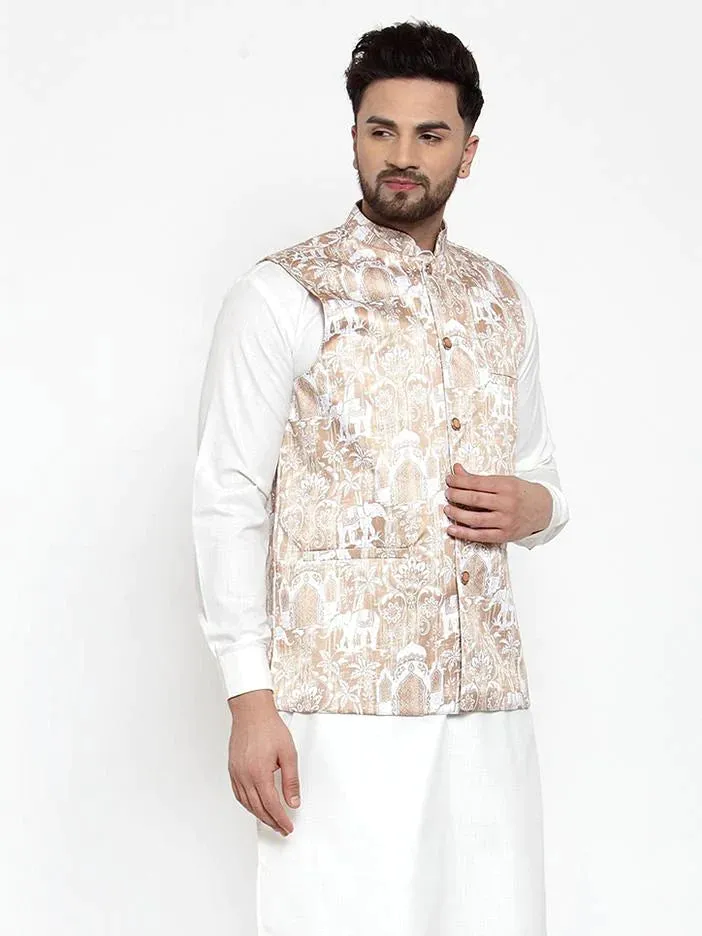 Men Beige Printed Satin Nehru Jacket