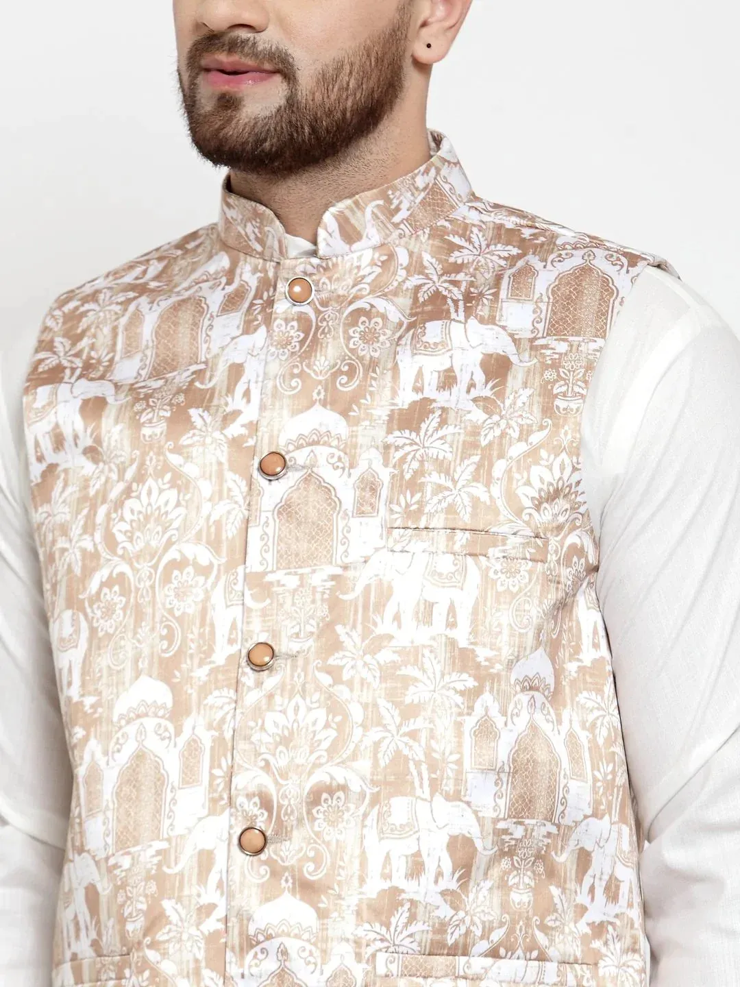 Men Beige Printed Satin Nehru Jacket