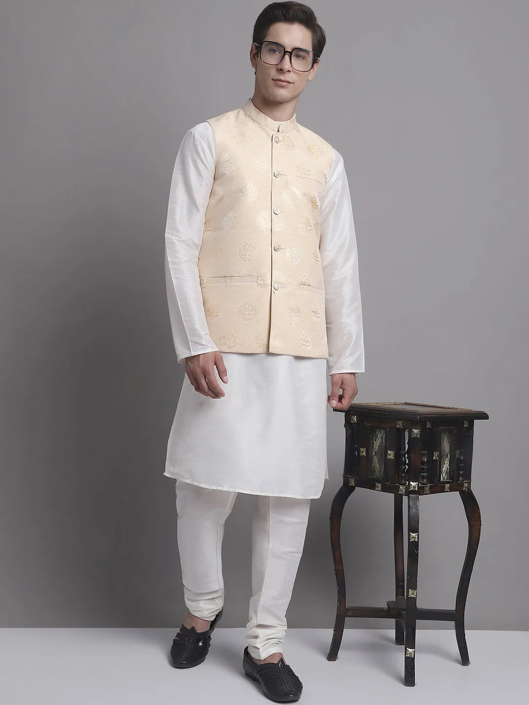 Men'S Cream And Golden Printed Nehru Jacket