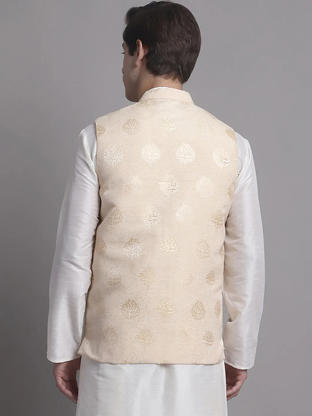 Men'S Cream And Golden Printed Nehru Jacket