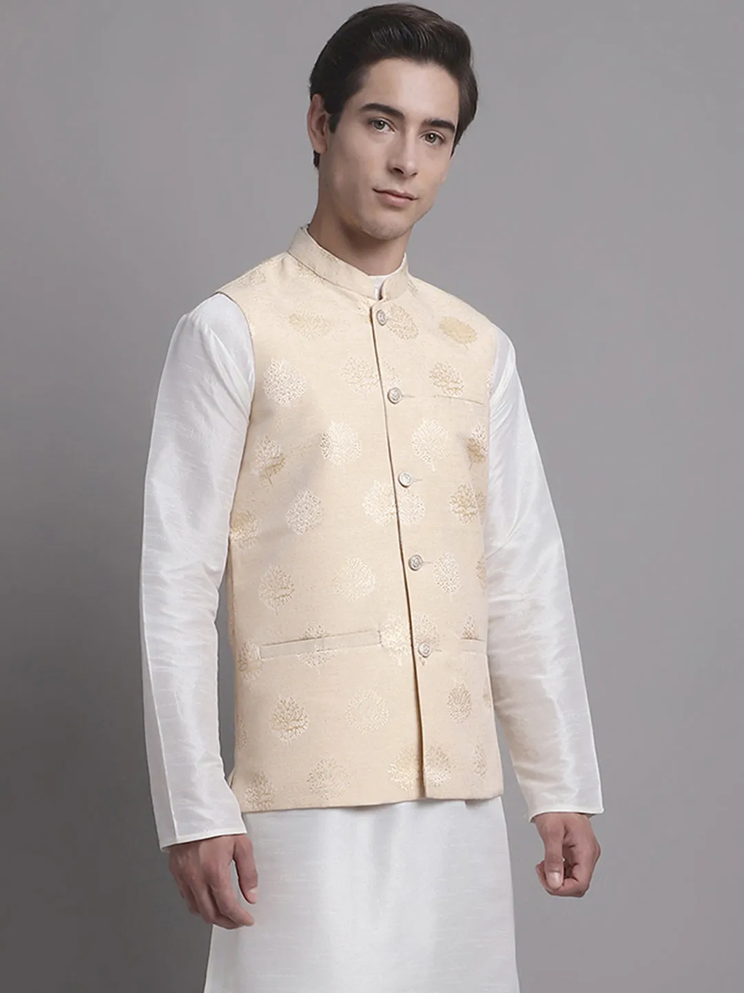 Men'S Cream And Golden Printed Nehru Jacket