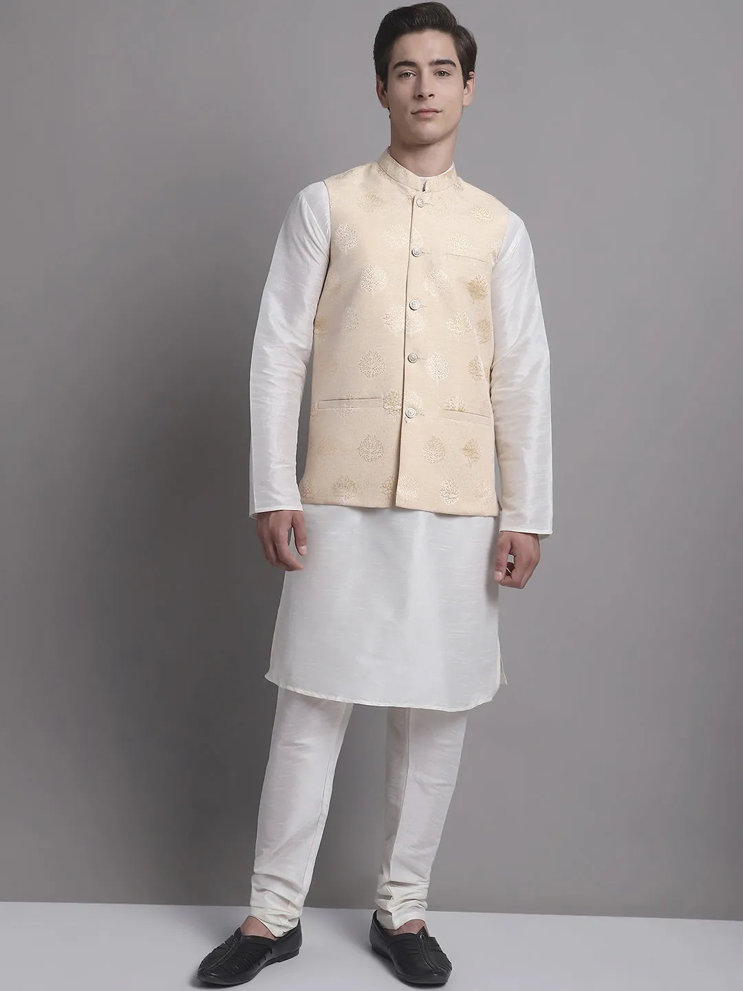 Men'S Cream And Golden Printed Nehru Jacket