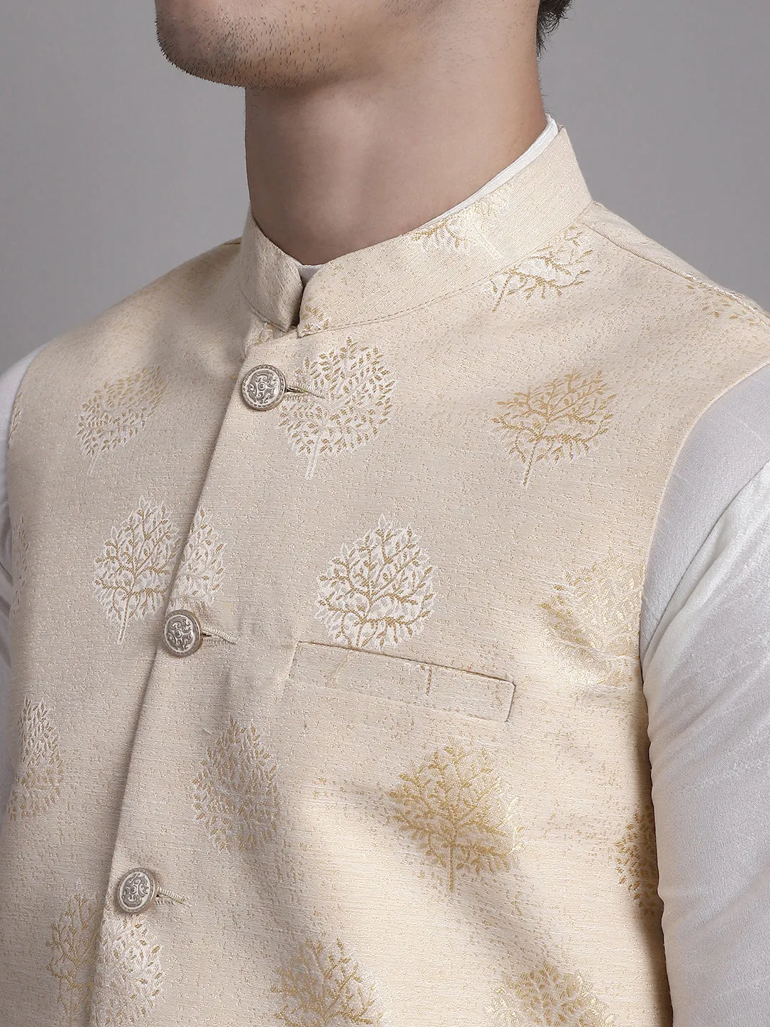 Men'S Cream And Golden Printed Nehru Jacket