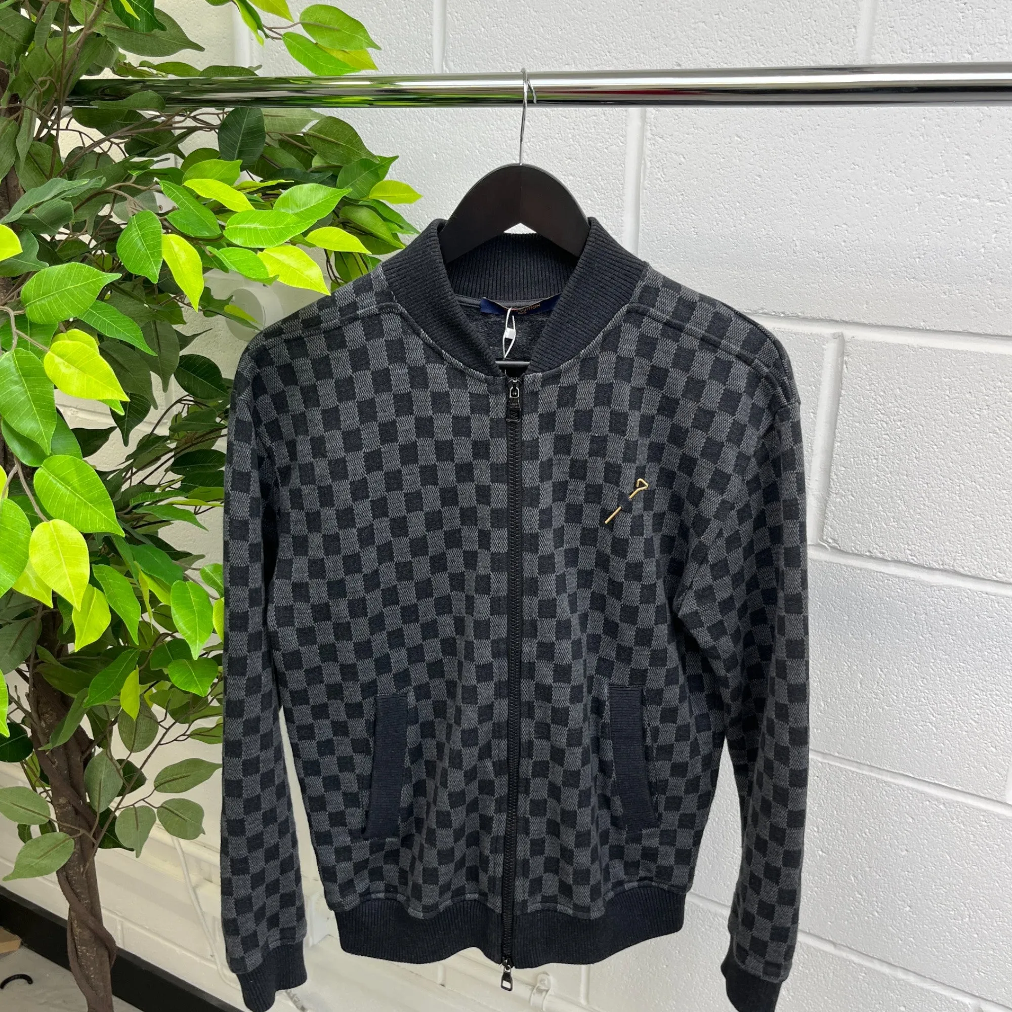 Men's Damier Jacquard Zip-Through Bomber Jacket Black Size S