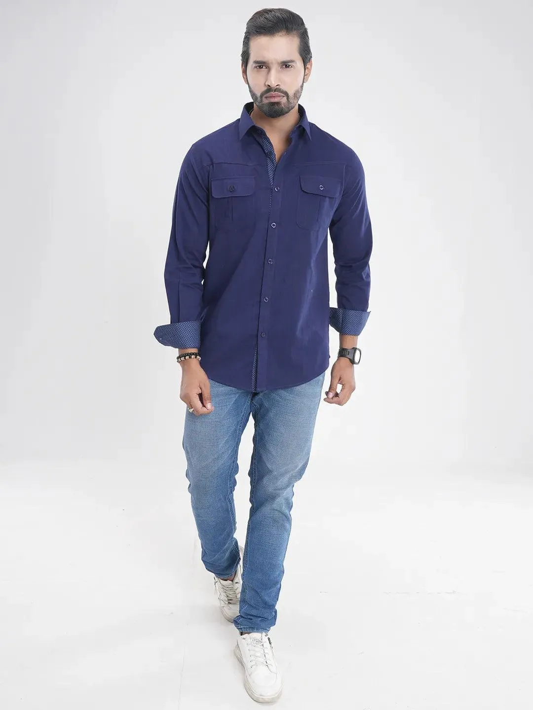 Men's Full Sleeve Casual Shirt in Space Blue