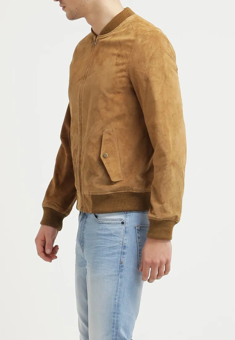 Men's TAN Suede Leather Jacket Slim fit Biker Motorcycle Bomber Casual Jacket