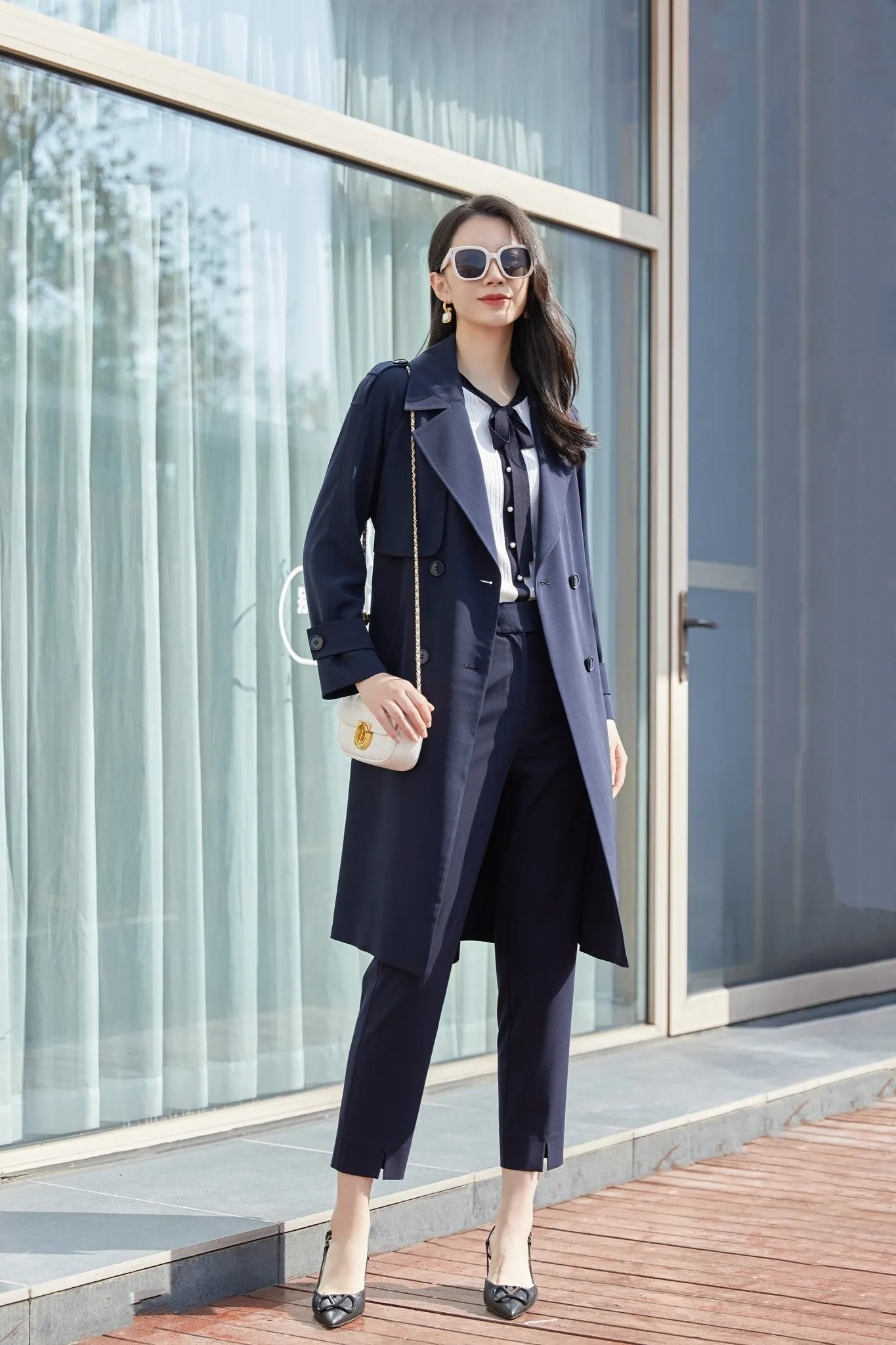 Navy Blue Double Breasted Trench Coat