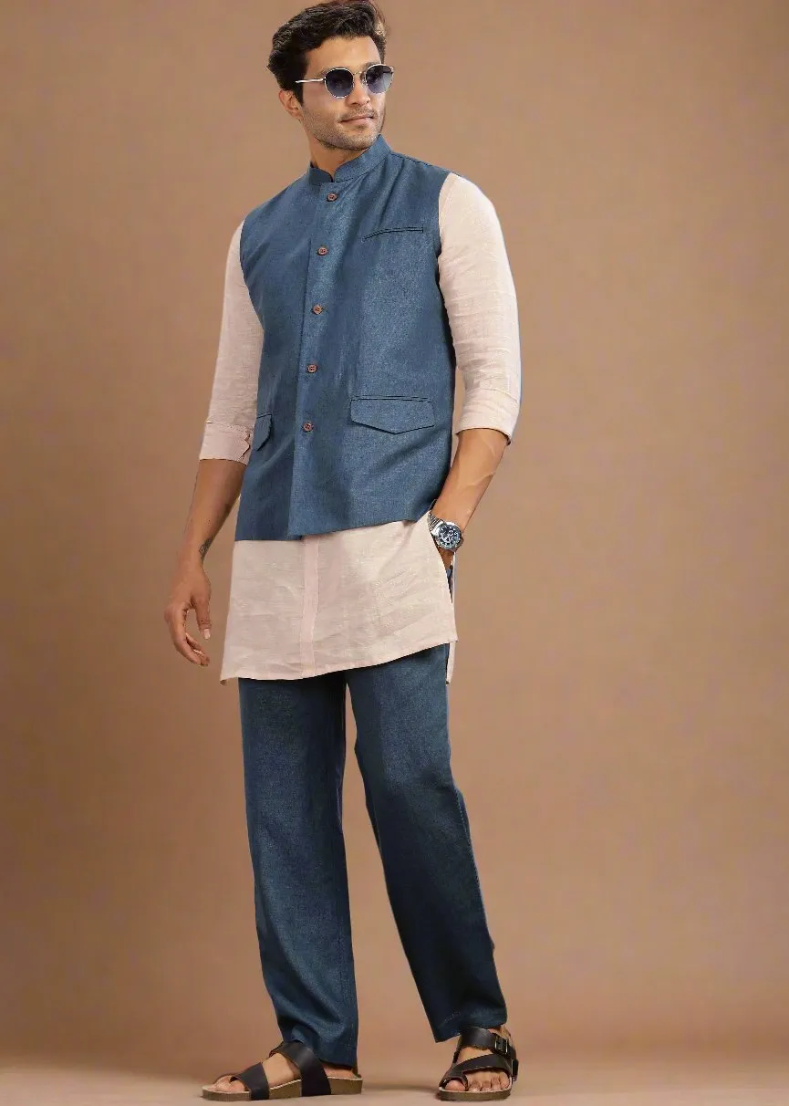 Nehru Pure Linen Jacket | Dark Blue