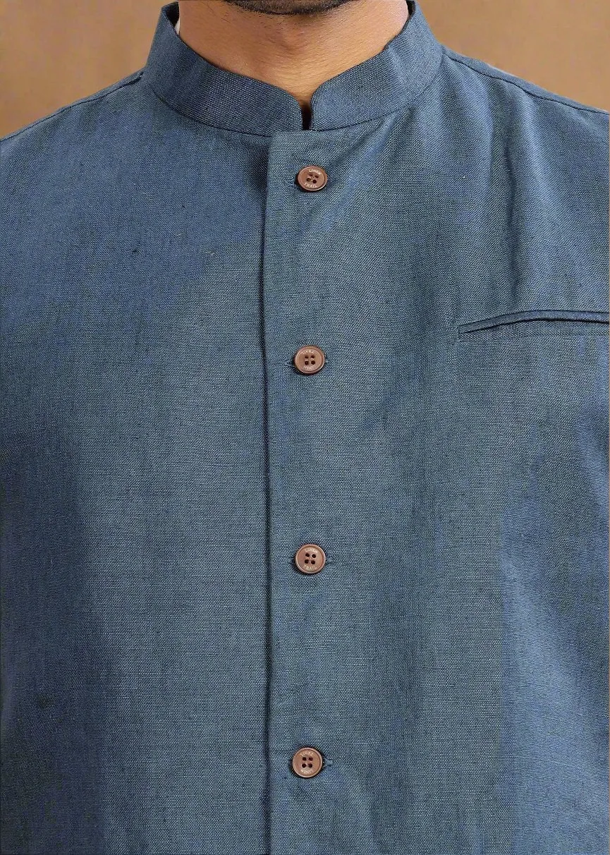 Nehru Pure Linen Jacket | Dark Blue