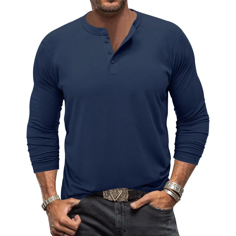 Nukty-shop Autumn Long-Sleeved Men's T-shirt round Neck Solid Color Button Henley Shirt Casual Bottoming Shirt